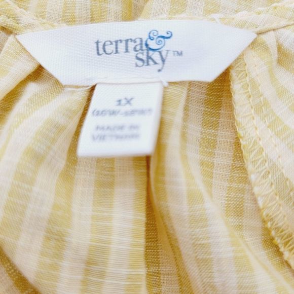 Terra & Sky cotton yellow striped Blouse Ruffles puffed sleeve plus size 1x - Picture 5 of 5